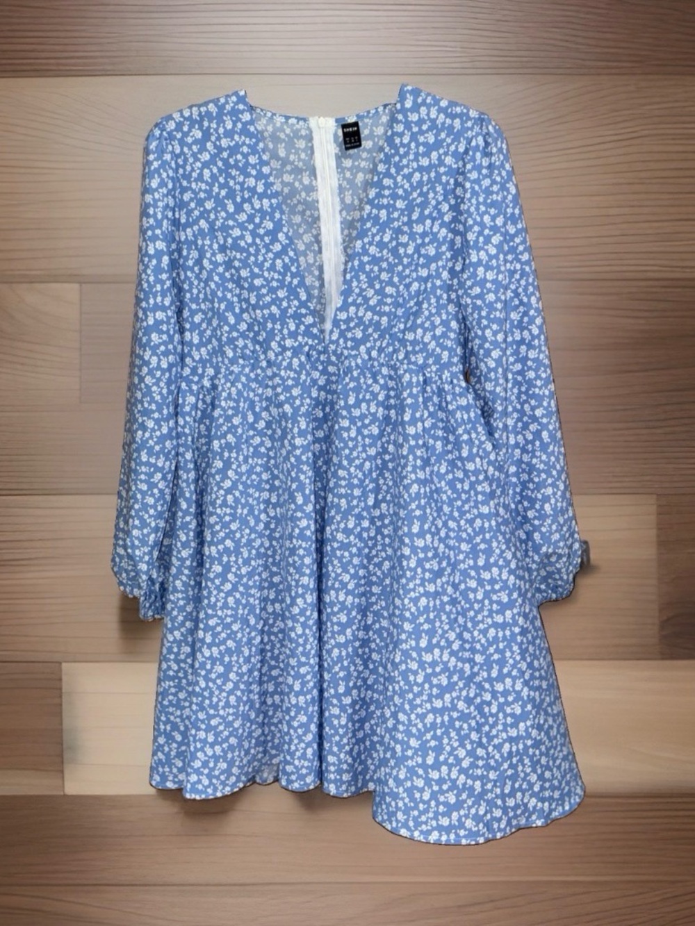 SHEIN Women’s Blue Micro Floral V-Neck Baby Doll Mini Dress-M-EC